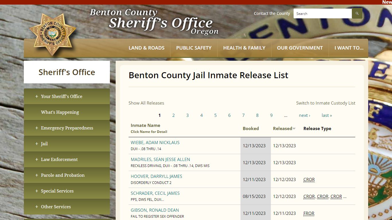 Benton County Jail Inmate Release List | Benton County Oregon
